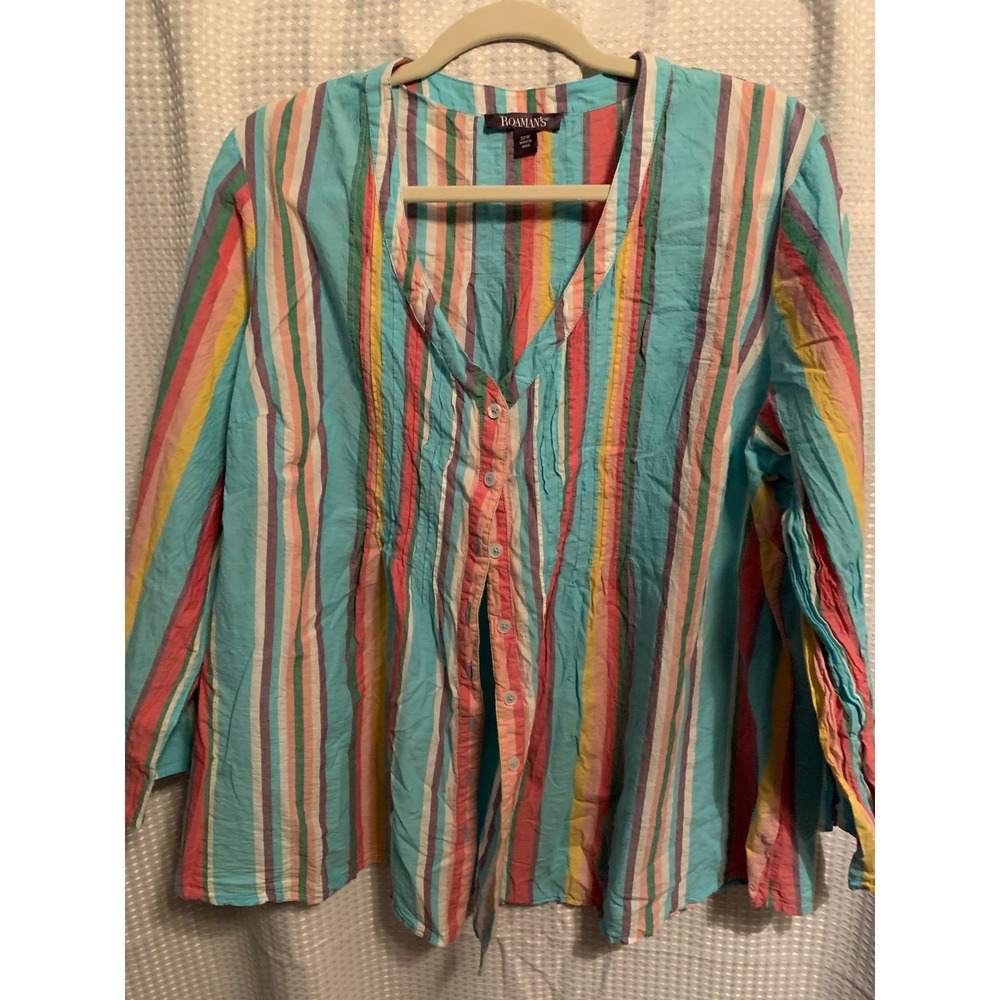 Roamans Womens Plus Size 22W Striped V-Neck Button Front Pintuck Blouse Multi
